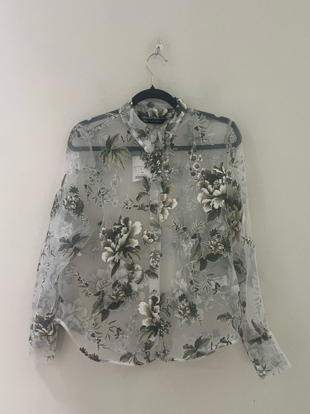Zara White Sheer Floral Button-Front Blouse - Picture 4 of 13